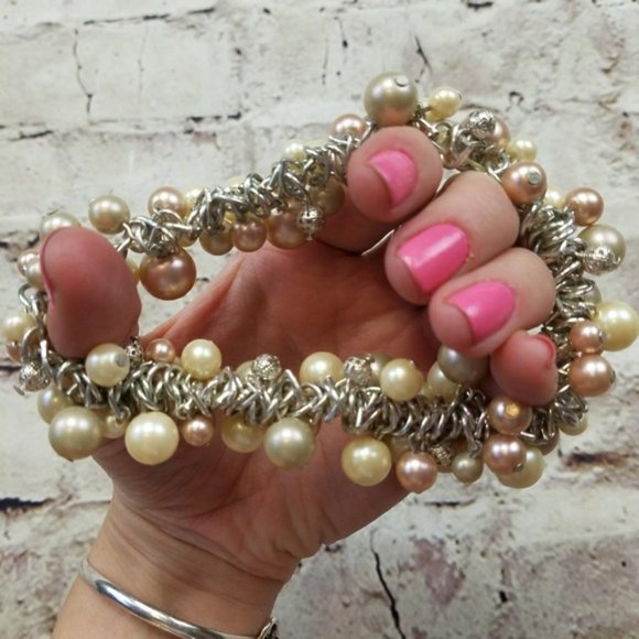 Macys Matching Set Faux Pearls Silver Bracelet Necklace Preppy Formal Party Glam - Picture 2 of 6